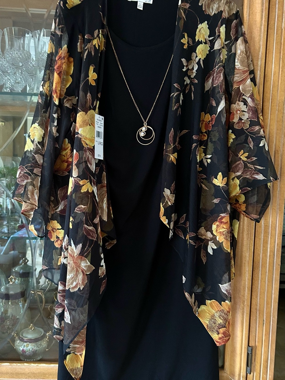 Studio One Black Dress with Floral Sheer Kimono (Yellow, Brown)
